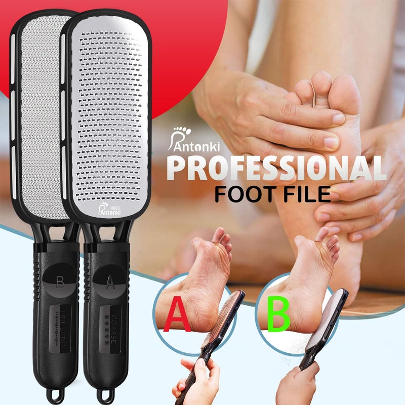 Antonki Foot File for Dead Skin, Double Sided Callus Remover for Feet, Metal Foot Scrubber for Cracked Heel, Professional Foot Scraper Rasp Pedicure Tool to Remove Hard Skin - 2 in 1 Foot File - Image 2