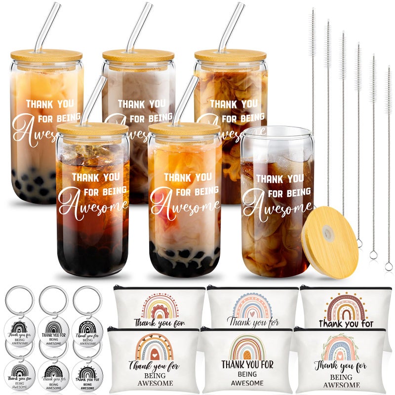Maxcheck 6 Set 2025 Employee Appreciation Thank You Gifts Bulk Inspirational 16 oz Can Shaped Glass Cups Canvas Bag Keychain for Nurses Coworkers Staff Volunteers Work TeamBeing Awesome