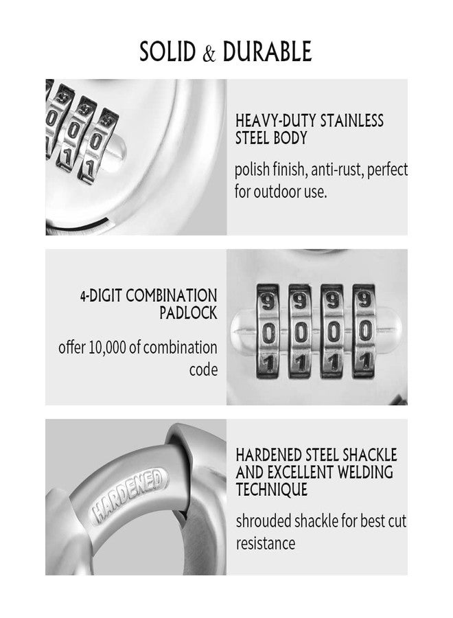 CINCINNO قفل تركيبة CINCINNO مكون من 4 أرقام، قفل قرصي مركب مع سلسلة من الفولاذ المقوى للسقائف والخزانات ووحدات التخزين والصالة الرياضية والسياج (4 قطع) - Image 3