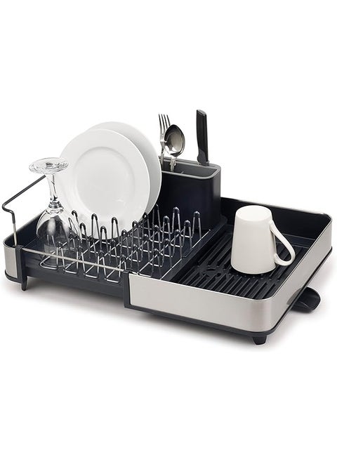 Stainless Steel Extendable Dual Part Dish Rack Non Scratch And Movable Cutlery Drainer And Drainage Spout One Size Gray