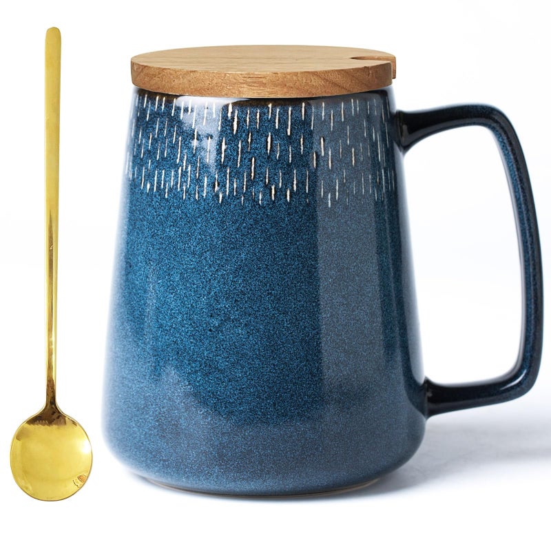 HYTYSKAR 24 OZ Extra Large Ceramic Coffee Mug, with Spoon and Wooden Lid, Big Tea Cups with a Large Handle for Office and Home, Microwave and Dishwasher Safe (24 OZ Star Blue Set) - Image 1