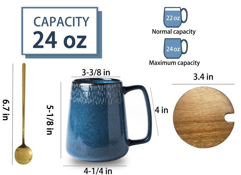 HYTYSKAR 24 OZ Extra Large Ceramic Coffee Mug, with Spoon and Wooden Lid, Big Tea Cups with a Large Handle for Office and Home, Microwave and Dishwasher Safe (24 OZ Star Blue Set) - Image 2