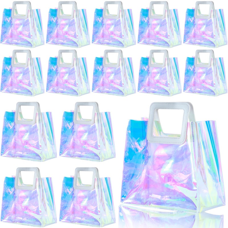 GcFoir 15 Pcs Small Iridescent Gift Bags with Handles 11''x9.8''x5.7'' Holographic Bachelorette Party Favor Bags, Clear Gift Bags with Handles, Reusable PVC Tote Goodie Bags for Party, Christmas - Image 1