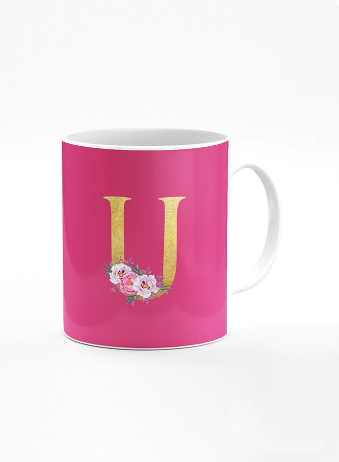 Stylizedd Designer Printed Coffee Mug 11oz Ceramic Personalised Gift Mugs Cup -Custom Monogram Initial Letter Floral Pattern Alphabet - U (Dark Pink Rose) - Image 1