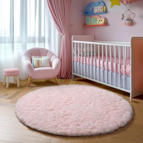 Amdrebio Pink Round Area Rugs 8Ft for Living Room, Bedroom Decor, Soft Large Circle Rug for Kids Room, Teen Girls, Fluffy Big Carpets for Baby Nursery, Dorm, Classroom, Cute Kawaii Princess Carpet - Image 5