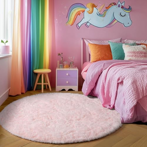 Amdrebio Pink Round Area Rugs 8Ft for Living Room, Bedroom Decor, Soft Large Circle Rug for Kids Room, Teen Girls, Fluffy Big Carpets for Baby Nursery, Dorm, Classroom, Cute Kawaii Princess Carpet - Image 4