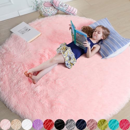 Amdrebio Pink Round Area Rugs 8Ft for Living Room, Bedroom Decor, Soft Large Circle Rug for Kids Room, Teen Girls, Fluffy Big Carpets for Baby Nursery, Dorm, Classroom, Cute Kawaii Princess Carpet - Image 1