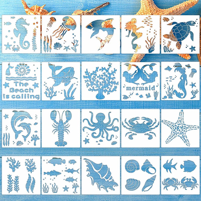 YEAJON 20 Pieces Sea Ocean Creatures Stencils Reusable Sea Animal Stencil for Painting on Wood Wall Fabric Signs Home Decor Pillows DIY Art Scrapbook Projects6 x 6 inch
