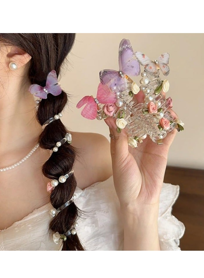 أوزيغالور أربطة شعر مضفورة بسلك هاتف مضفر، حاملات ذيل حصان مرنة غير مجعدة مع لؤلؤة على شكل فراشة للنساء والفتيات - Image 2