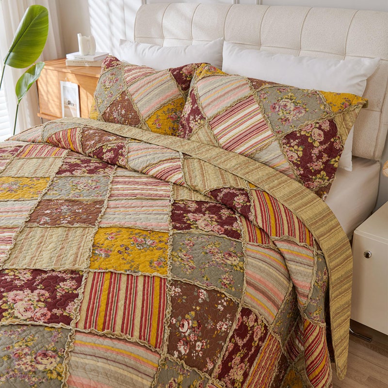 Cmfshape Floral Quilt Sets Bedspread Set 100 Cotton Patchwork Bedding Set All Season Use Lightweight Reversible Coverlet Quilts with 2 Pillow ShamsQueen 92x96