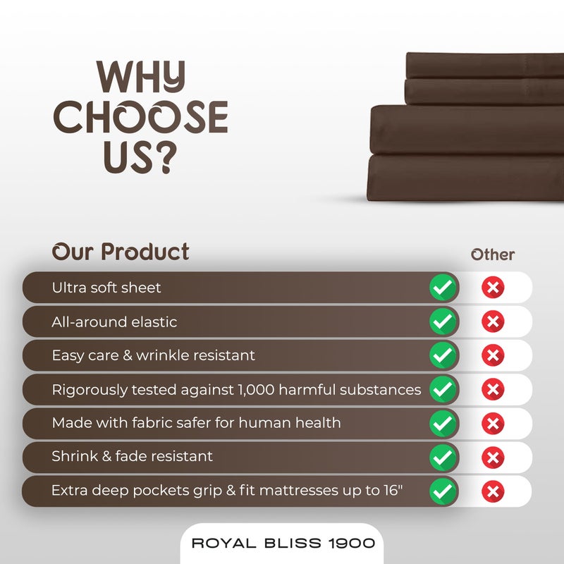 Royal Bliss 1900 Royal Bliss 1900 Top Split Flex Head King Size Sheet Set - Egyptian Quality Ultra-Soft Bed Sheets - Double Brushed - Deep Pockets- Easy Fit - 4 Piece Set- Fade Resistant (Chocolate)  - Image 5