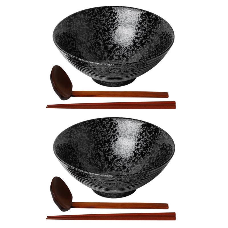 Kanwone Ceramic Japanese Ramen Bowl Set Noodle Soup Bowls  60 Ounce with Matching Spoons and Chopsticks for Udon Soba Pho Asian Noodles Set of 2 Black