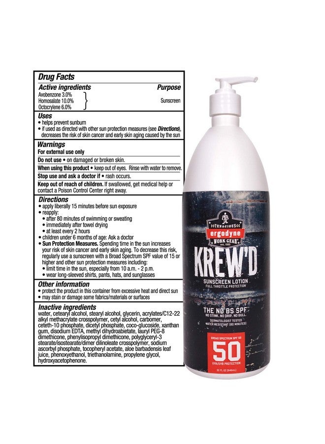 Ergodyne Krew’D 6355 Sunscreen Lotion Broad Spectrum Spf 50 Water Resistant 32 Oz White - Image 5