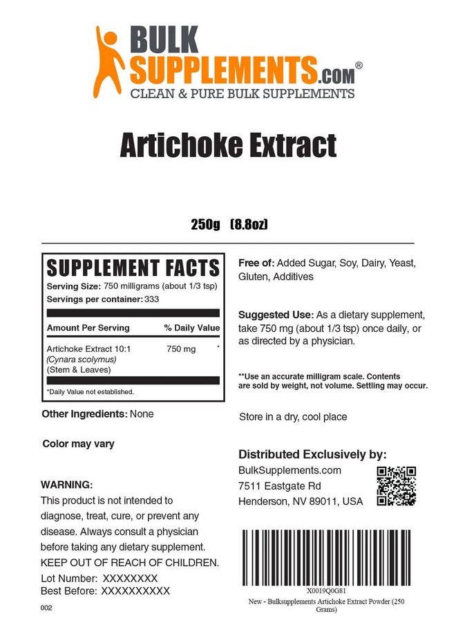 BulkSupplements Artichoke Extract Powder Herbal Supplement Sourced From Artichoke Leaf & Stem Gluten Free 750Mg Per Serving 333 Servings (250 Grams 8.8 Oz)  - Image 3