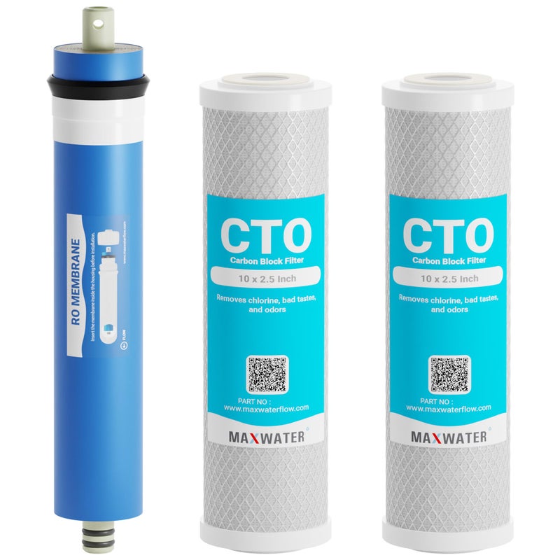 باقة ماكس ووتر كومبو FX12P و FX12M أو TFM24 بديل فلتر المياه متوافق مع أنظمة التناضح العكسي GE RO مجموعة GXRM10RBL GXRM10G 2 فلاتر كربون وغشاء RO