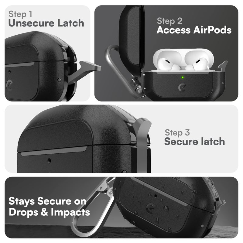 Keybudz for AirPods Pro 2 Case with Lock - Fully Waterproof AirPods Pro 2nd Generation Case Cover - Keychain, Rugged Tough Protection, Hard Shell and Carabiner for USB-C/Lightning (Carbon Black) - Image 3