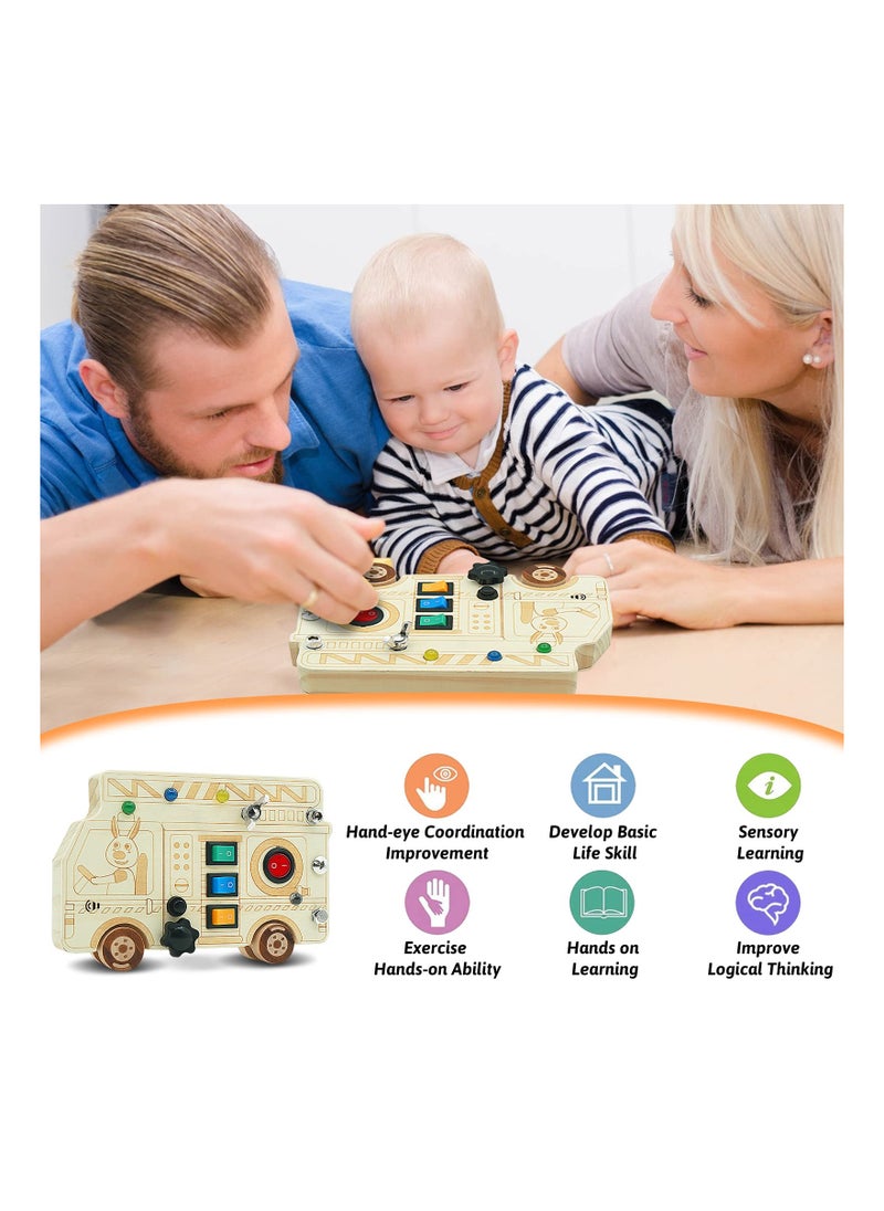 Generic - 3-in-1 Montessori Busy Board with LED Light, Fire Truck Fine Motor Skills Toys, Wooden Car Busy Board, Screwdriver Mini Set, and Push Buttons for Engaging Learning Activities. - Image 1