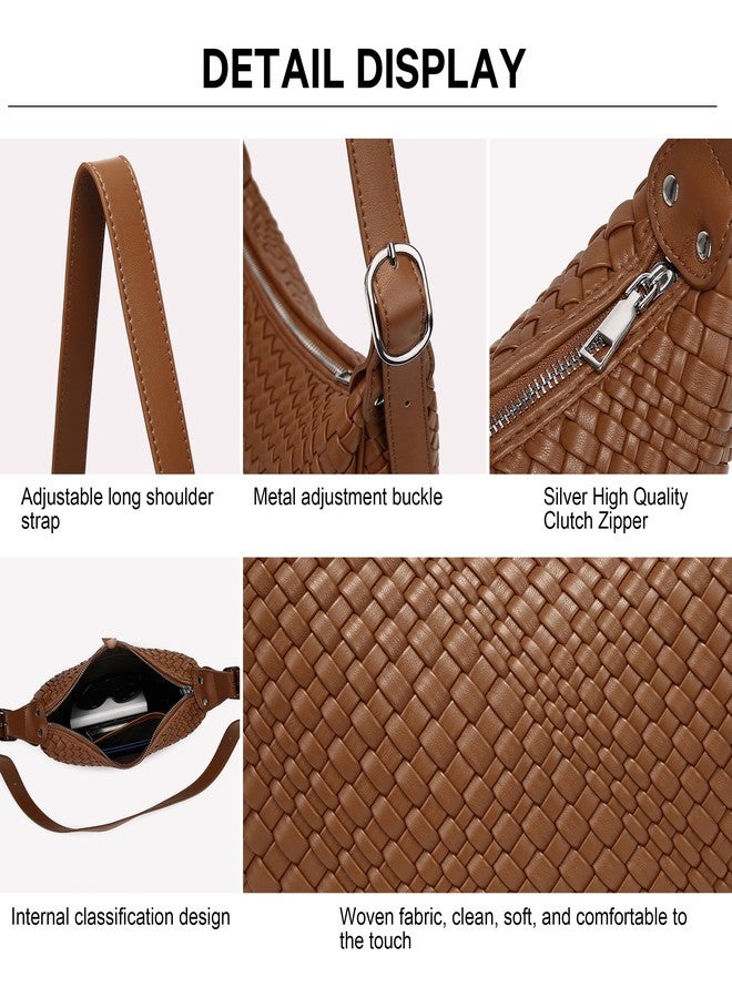 Queenoris Woven Small Crescent Bags for Women, Vegan Leather Shoulder Bag Trendy Crossbody Purses with Adjustable Strap, Brown, Small - Image 5
