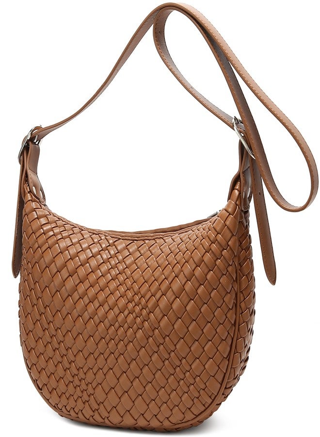 Queenoris Woven Small Crescent Bags for Women, Vegan Leather Shoulder Bag Trendy Crossbody Purses with Adjustable Strap, Brown, Small - Image 1