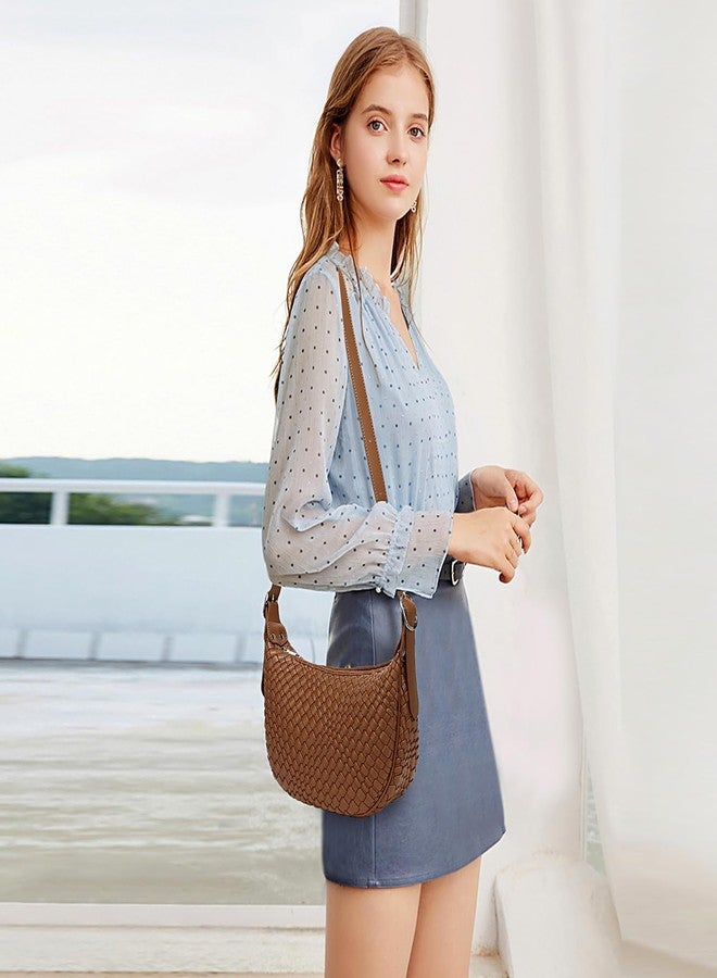 Queenoris Woven Small Crescent Bags for Women, Vegan Leather Shoulder Bag Trendy Crossbody Purses with Adjustable Strap, Brown, Small - Image 2