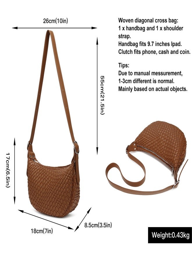 Queenoris Woven Small Crescent Bags for Women, Vegan Leather Shoulder Bag Trendy Crossbody Purses with Adjustable Strap, Brown, Small - Image 3