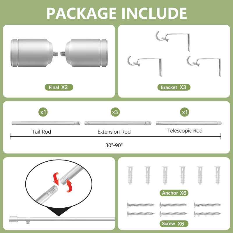 Edidonson 5/8â€ Diameter Curtain Rods 30-90 Inch, for 30-84 Inch Windows, Adjustable Splicing Silver Curtain Rods for Windows with Brackets, Window Rod Long Small Curtains Rod - Image 3