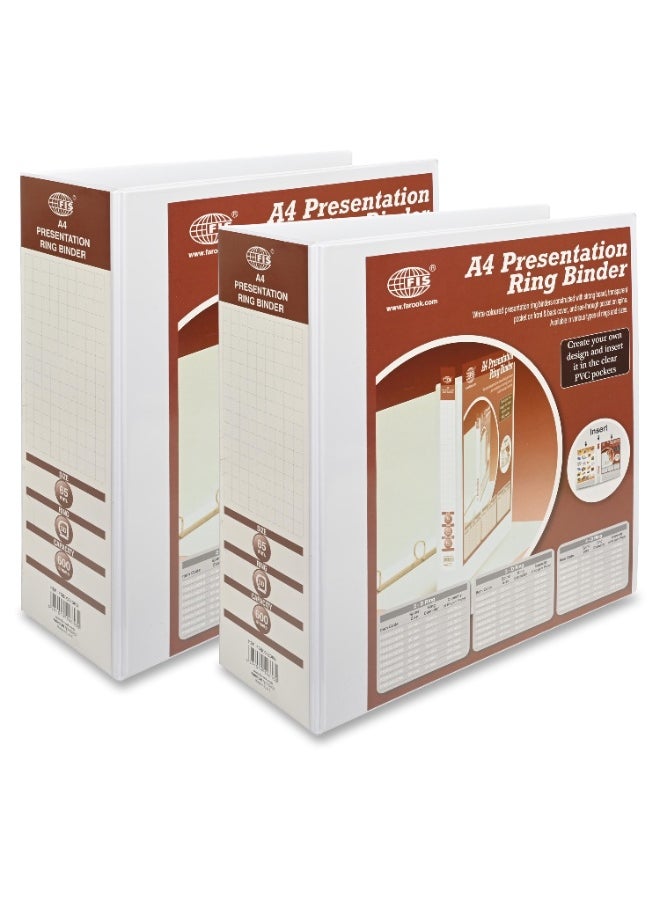 FIS Presentation Binder, A4 Size(210x297mm), 3[D]Ring Type, 65mm Ring Size, 3.75" Inches Spine with Clear PVC Pocket For Easy Insert Your Label Design, Packet of 2 Pieces, White Color-FSBD365DPB/2  - Image 1