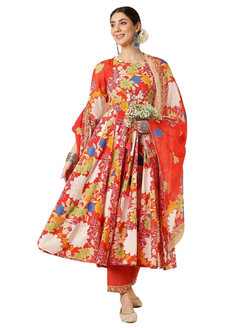 Kimayra Women's Cotton Flared Printed A-Line Round Neck Kurta Suit Set (KIM8007PC3Red_S, Red) - Image 3