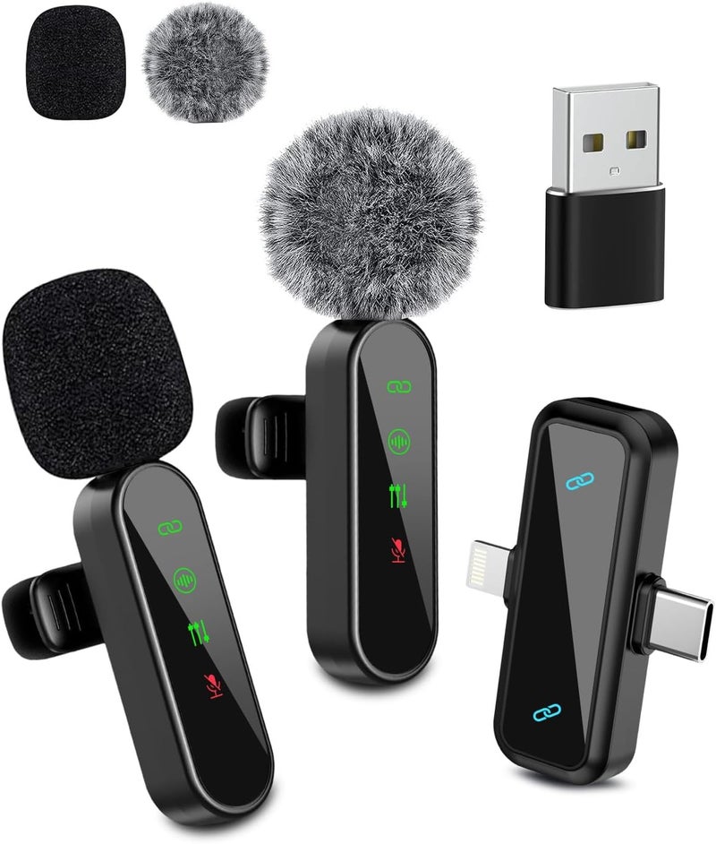 Wireless Mini Lavalier Lapel Microphone for iPhone , iPad & Android - Dual Mics with Noise Reduction for Video Recording (2 Pack ) - Image 1