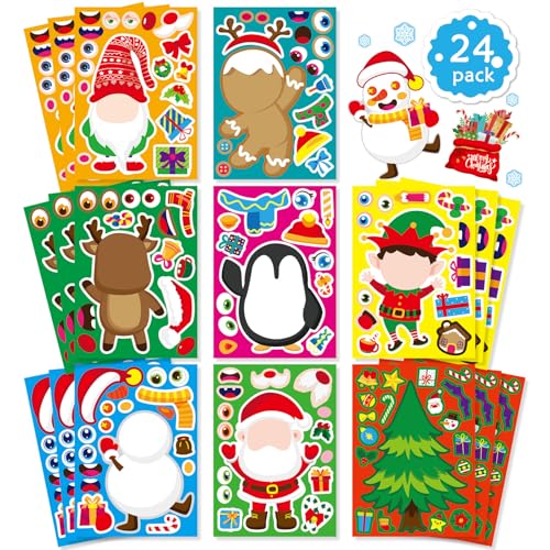 DUJAA 24 Sheets Christmas Stickers Stocking Stuffers for Kids Make Your Own Sticker Make a Face Stickers Xmas Gift Sticker Christmas Party Games - Image 1