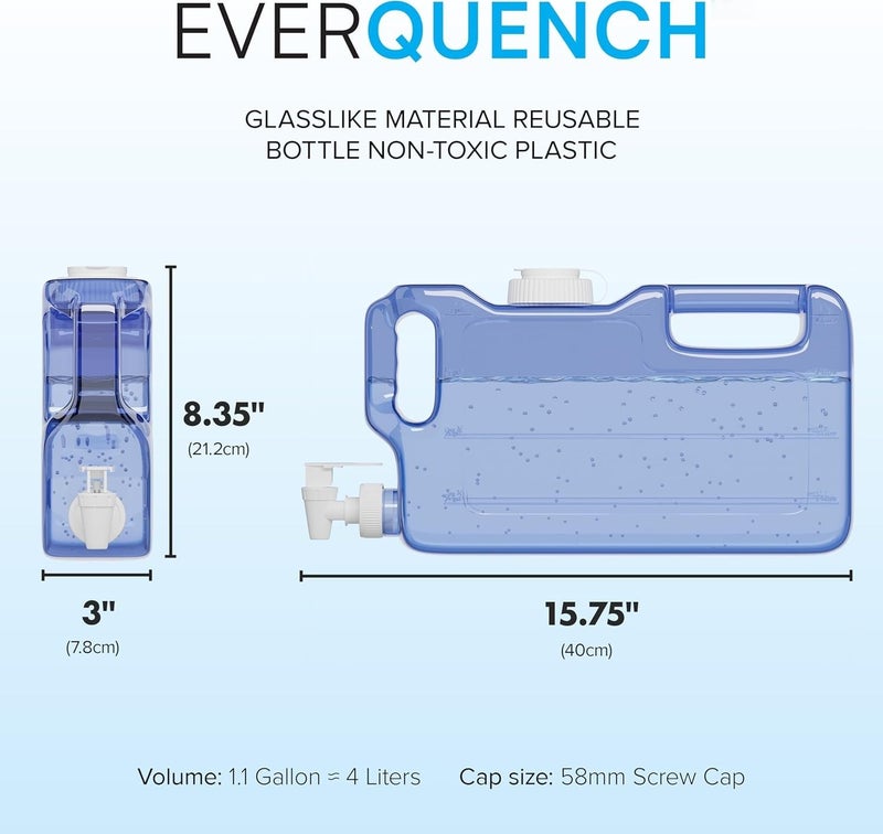 EverQuench Refrigerator Water Dispenser 1.1 Gallon Bottle with 2 Spigots - BPA Free Plastic Slim Water Jug with Spout Leak Proof | Refillable Fridge Water Container, Convenient Handles - Image 2