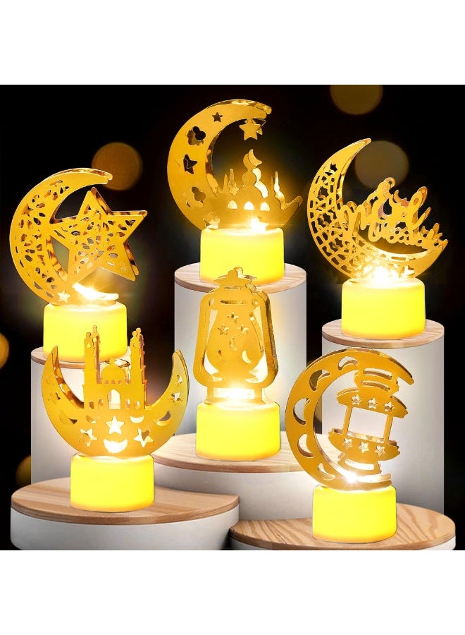 تشيلور 6 قطع من فوانيس رمضان الصغيرة للزينة، مصابيح LED ليلية بشموع عيد مبارك، مصابيح شموع بتصاميم النجوم والقمر، مثالية لسطح المكتب أو الشرفة أو الفناء أو المنزل أو طاولة حفلات العيد، للاستخدام الداخلي والخارجي. - Image 1