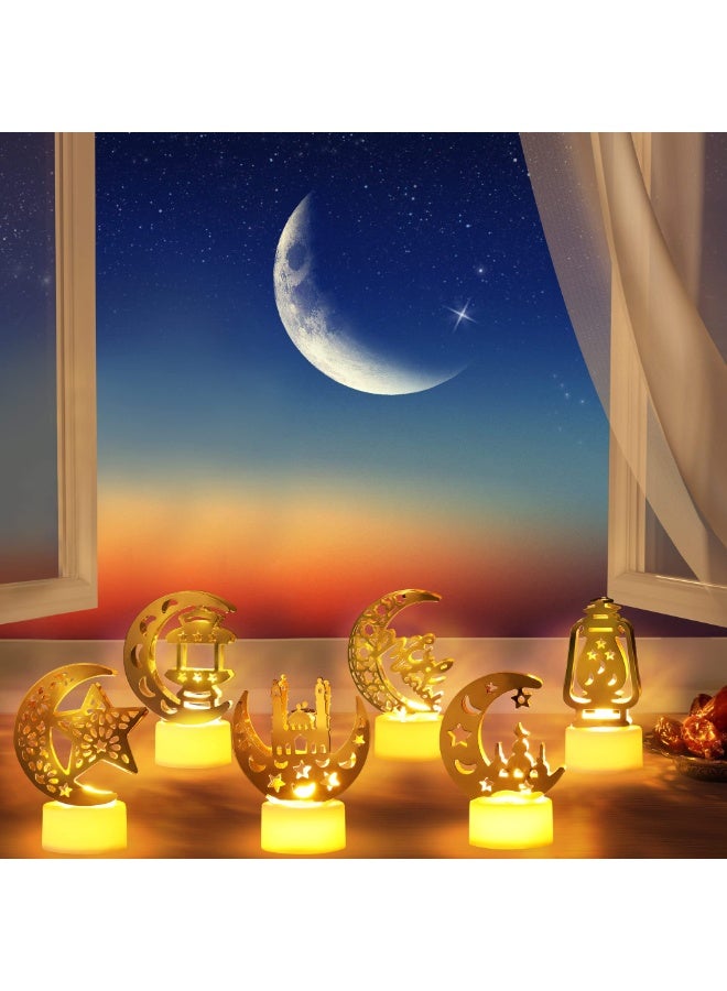 تشيلور 6 قطع من فوانيس رمضان الصغيرة للزينة، مصابيح LED ليلية بشموع عيد مبارك، مصابيح شموع بتصاميم النجوم والقمر، مثالية لسطح المكتب أو الشرفة أو الفناء أو المنزل أو طاولة حفلات العيد، للاستخدام الداخلي والخارجي. - Image 3