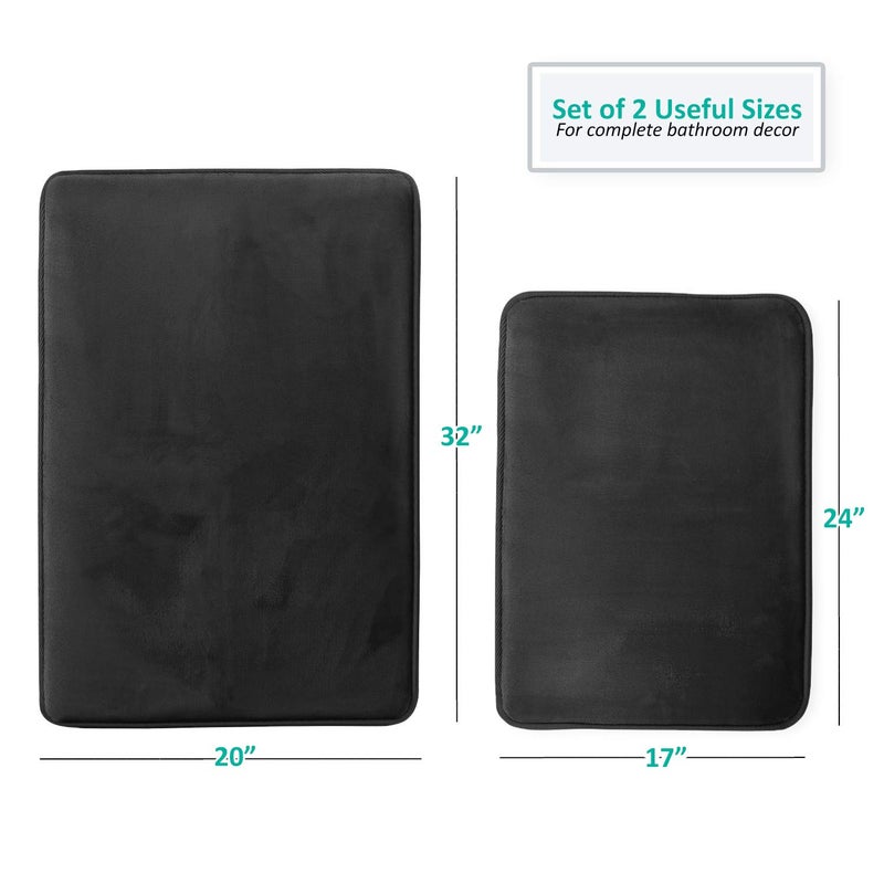 Clara Clark 2 Piece Bathroom Rugs Bath Mat Set, Velvet Memory Foam Bath Mats for Bathroom - Non-Slip, PVC Backing Bath Rugs, Washable - Dries Quickly, Black - Image 3