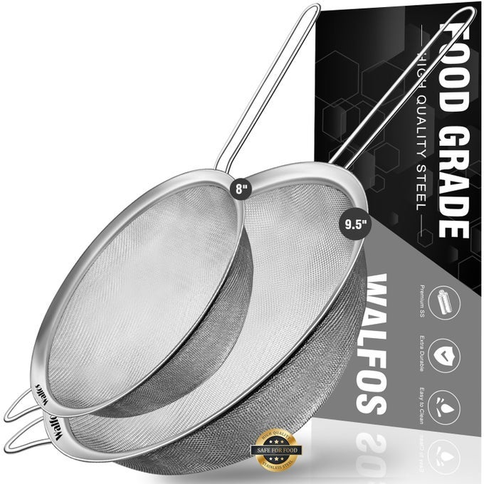 LARGE FINE MESH STRAINER 95 8 STAINLESS STEEL MESH SIEVE WITH STURDY HANDLE KITCHEN METAL FOOD STRAINERS FOR QUINOA RICE PASTA FRUITS VEGETABLES ETC SET OF 2