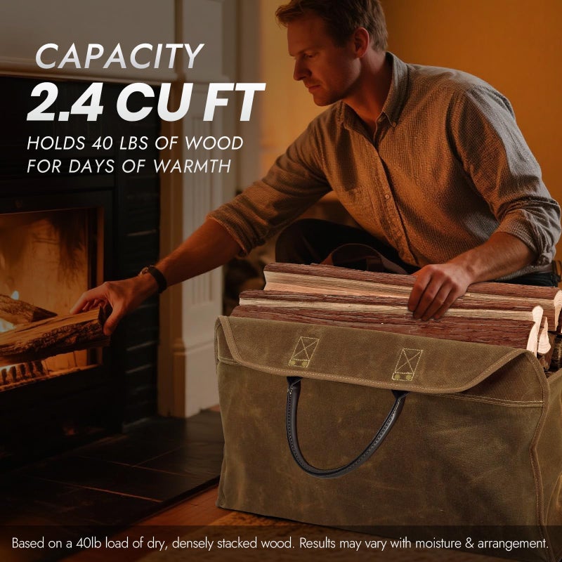 INNO STAGE Heavy Duty Wax Canvas Log Carrier Tote,Large Fire Wood Bag,Durable Firewood Holder,Canvas Shopping Bags, Fireplace Wood Stove Accessories Storage Bag for Fire Pit for Camping, BBQ Barbecue - Image 3