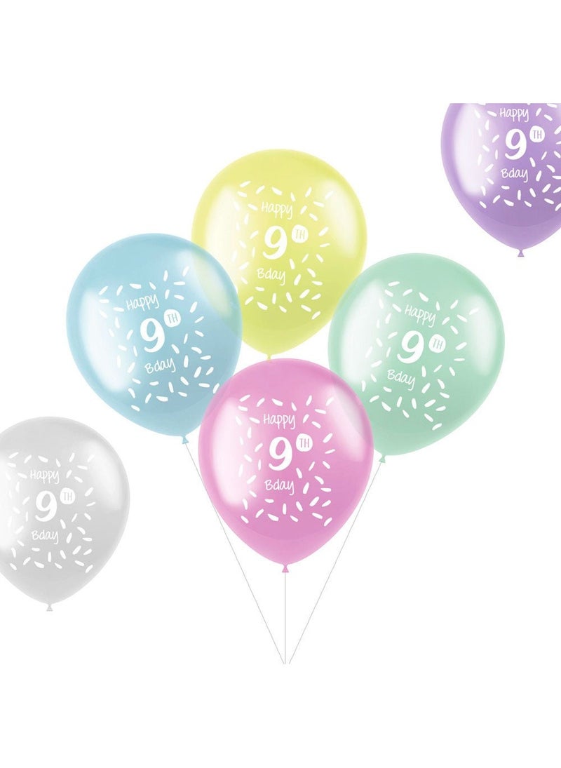 9-Years Happy Bday Pastel Latex Balloons Transparent 33cm 6-Pack