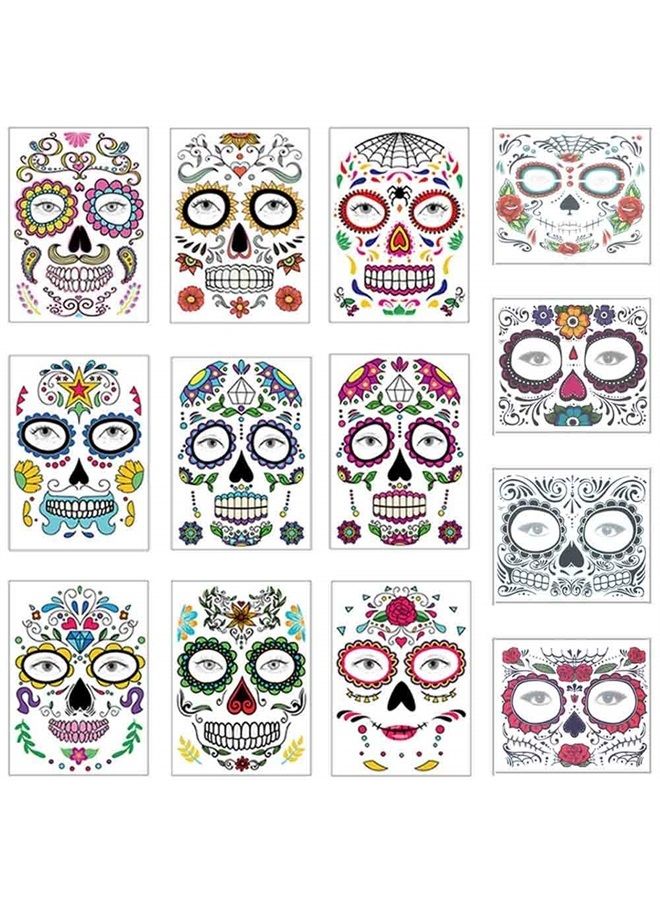 COKOHAPPY Halloween Temporary Face Tattoos Makeup Kit (13 Pack), Day of the Dead Sugar Skull Floral Black Skeleton Web Red Roses Full Face Mask Stickers Tattoo Families Party Supplies - Image 1