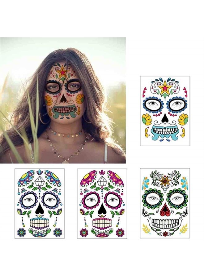 COKOHAPPY Halloween Temporary Face Tattoos Makeup Kit (13 Pack), Day of the Dead Sugar Skull Floral Black Skeleton Web Red Roses Full Face Mask Stickers Tattoo Families Party Supplies - Image 2