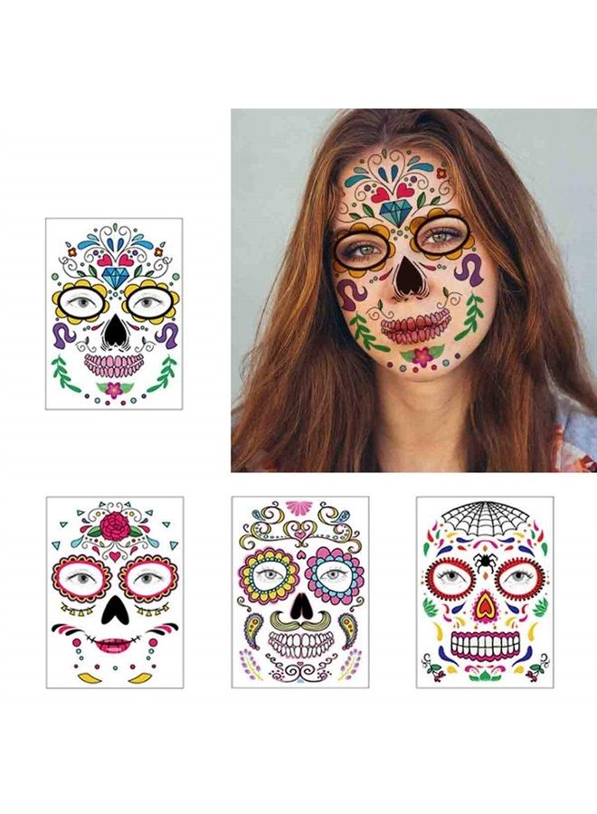 COKOHAPPY Halloween Temporary Face Tattoos Makeup Kit (13 Pack), Day of the Dead Sugar Skull Floral Black Skeleton Web Red Roses Full Face Mask Stickers Tattoo Families Party Supplies - Image 3
