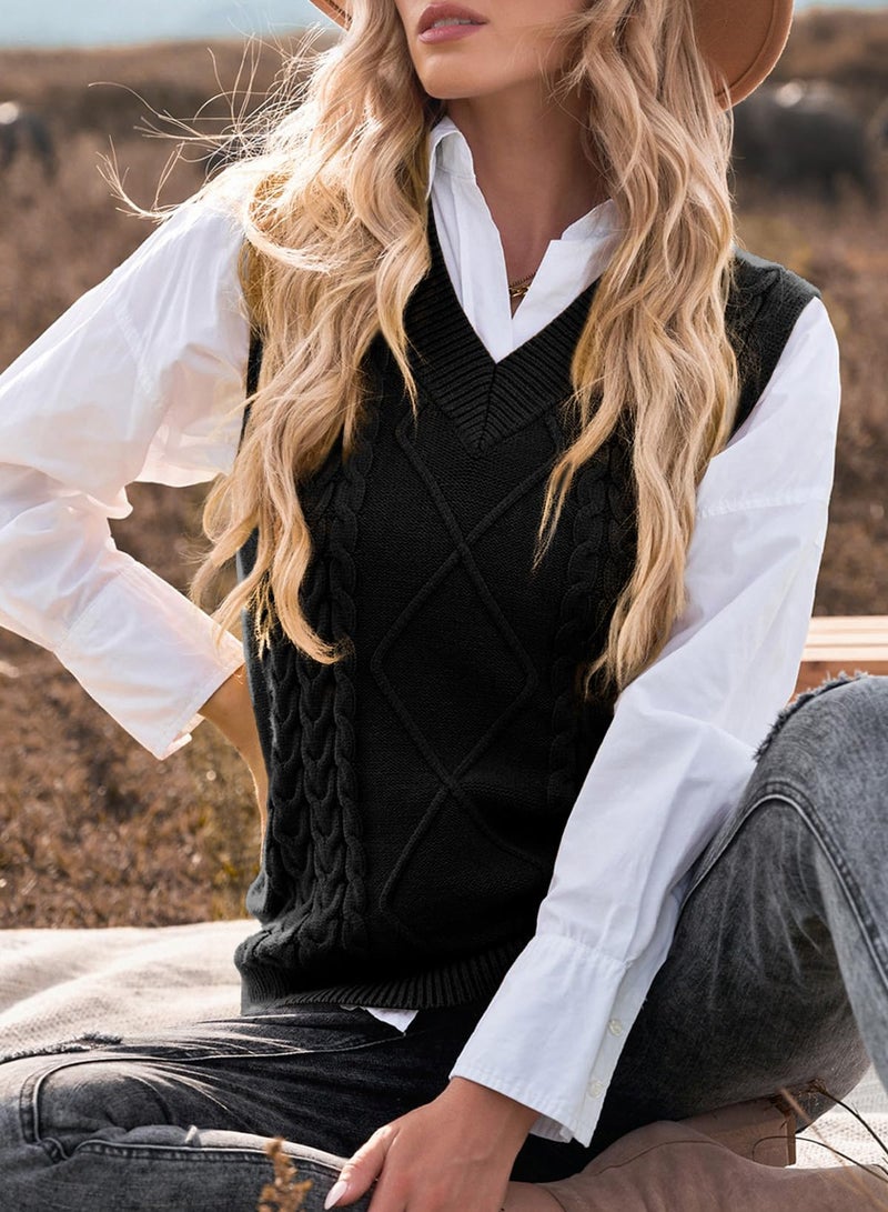 EVALESS Womens Oversized Sweater Vest V Neck Black Sleeveless Sweaters for Women Cable Knit Solid Color Tops Loose Casual Soft Sweater X-Large - Image 3