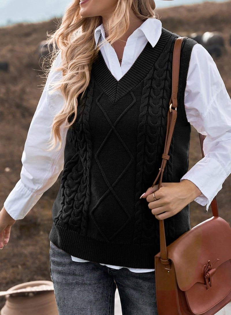 EVALESS Womens Oversized Sweater Vest V Neck Black Sleeveless Sweaters for Women Cable Knit Solid Color Tops Loose Casual Soft Sweater X-Large - Image 2