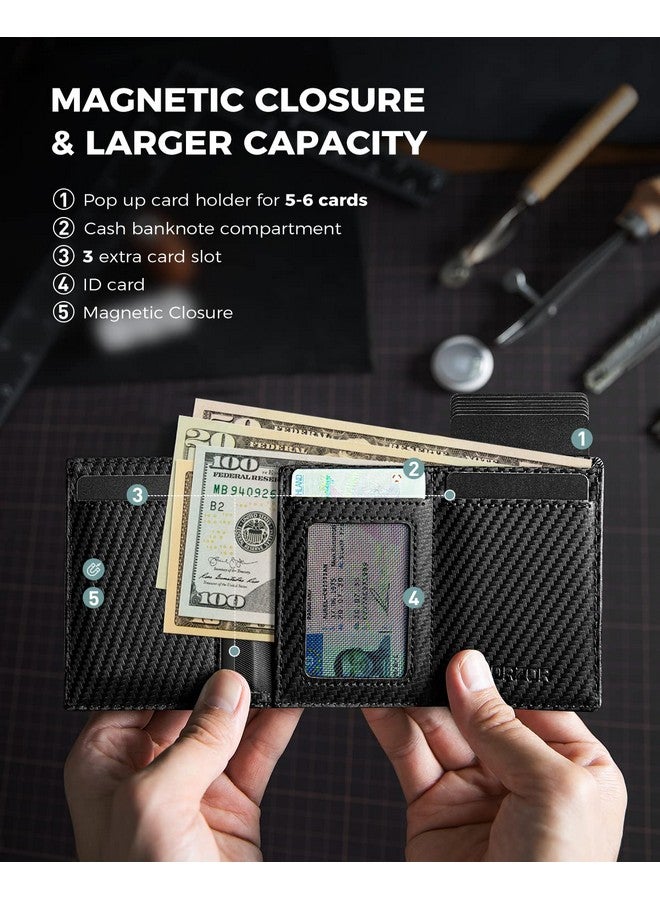 LORZOR Mens Wallet for Apple AirTag - Genuine Leather Minimalist Pop up Smart Wallet for Men, Air Tag Holder, Slim RFID, Carbon Fiber Modern Mens Wallet (AirTag Not Included) - Image 2