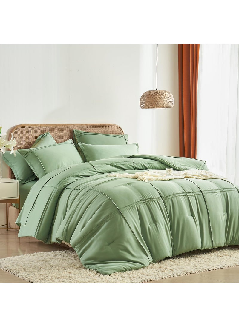 Yogeneg Yogeneg Full Size Comforter Set 7 Piece Bed in a Bag Grid Pinch Pleat Sage Green Bedding Set Striped Textured Soft Microfiber Comforter with Sheet Set All Season Complete Bed Set(Sage Green Full)  - Image 1