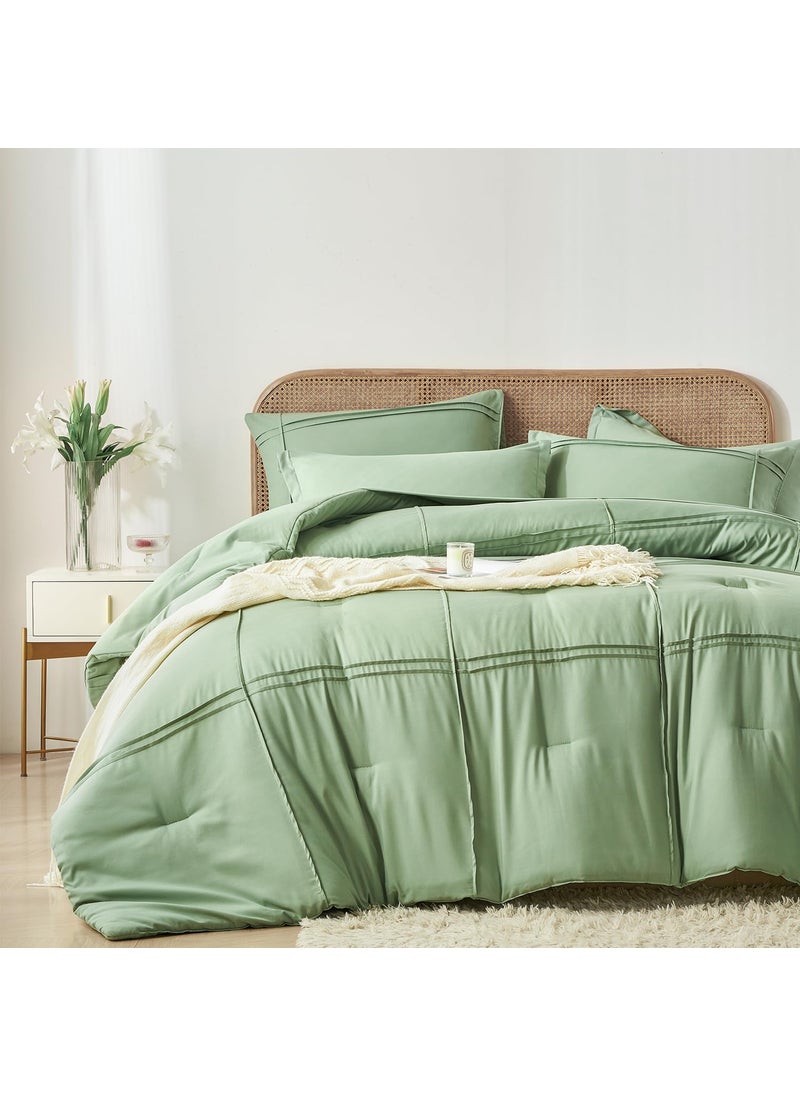 Yogeneg Yogeneg Full Size Comforter Set 7 Piece Bed in a Bag Grid Pinch Pleat Sage Green Bedding Set Striped Textured Soft Microfiber Comforter with Sheet Set All Season Complete Bed Set(Sage Green Full)  - Image 2