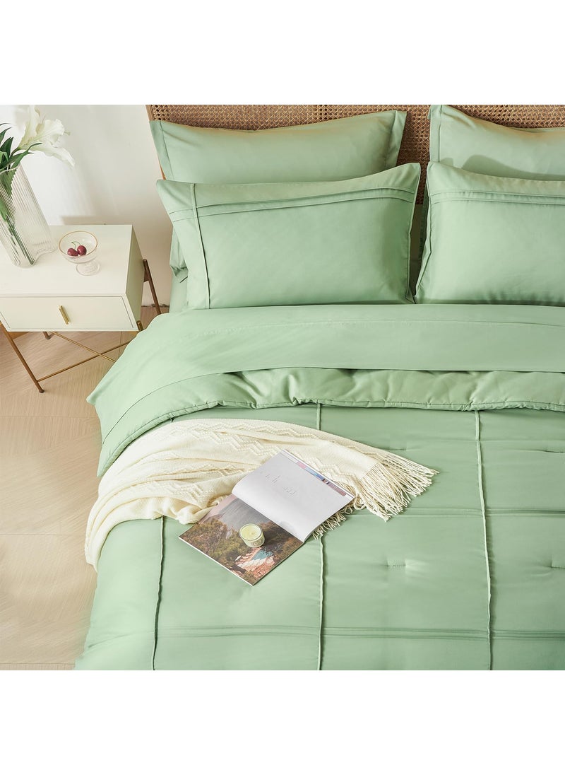 Yogeneg Yogeneg Full Size Comforter Set 7 Piece Bed in a Bag Grid Pinch Pleat Sage Green Bedding Set Striped Textured Soft Microfiber Comforter with Sheet Set All Season Complete Bed Set(Sage Green Full)  - Image 3