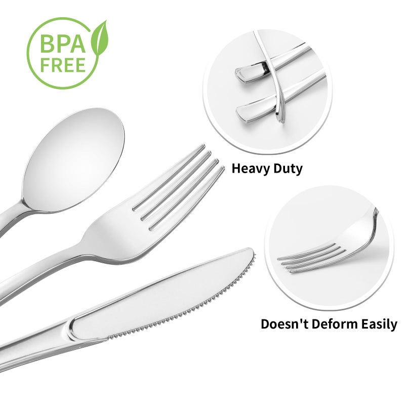 Goodluck 50 Pack Pre Rolled Silver Plastic Silverware  Wrapped Plastic Cutlery Set with Napkin Include 50 Forks  50 Knives  50 Spoons and 50 Napkins  Fancy Disposable Silverware for Party  Wedding - Image 4
