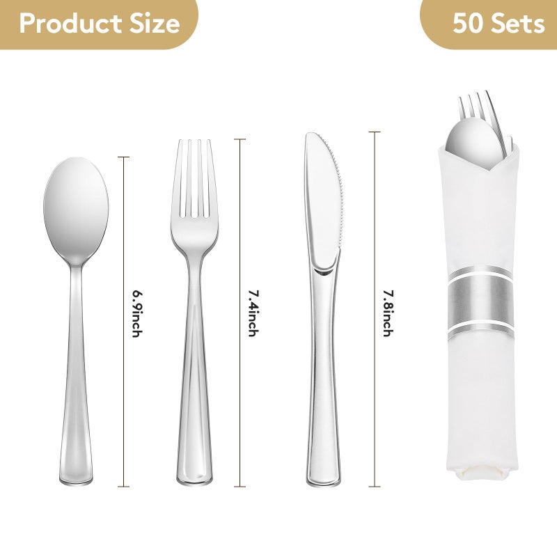 Goodluck 50 Pack Pre Rolled Silver Plastic Silverware  Wrapped Plastic Cutlery Set with Napkin Include 50 Forks  50 Knives  50 Spoons and 50 Napkins  Fancy Disposable Silverware for Party  Wedding - Image 3