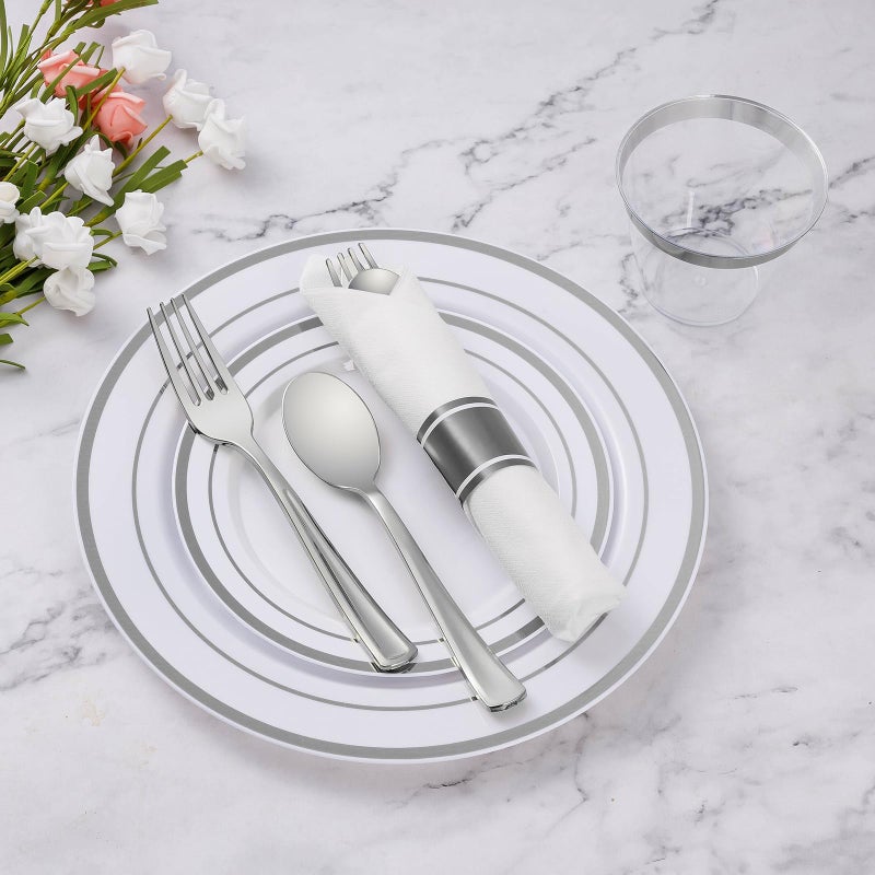 Goodluck 50 Pack Pre Rolled Silver Plastic Silverware  Wrapped Plastic Cutlery Set with Napkin Include 50 Forks  50 Knives  50 Spoons and 50 Napkins  Fancy Disposable Silverware for Party  Wedding - Image 2