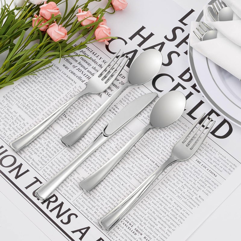 Goodluck 50 Pack Pre Rolled Silver Plastic Silverware  Wrapped Plastic Cutlery Set with Napkin Include 50 Forks  50 Knives  50 Spoons and 50 Napkins  Fancy Disposable Silverware for Party  Wedding - Image 5